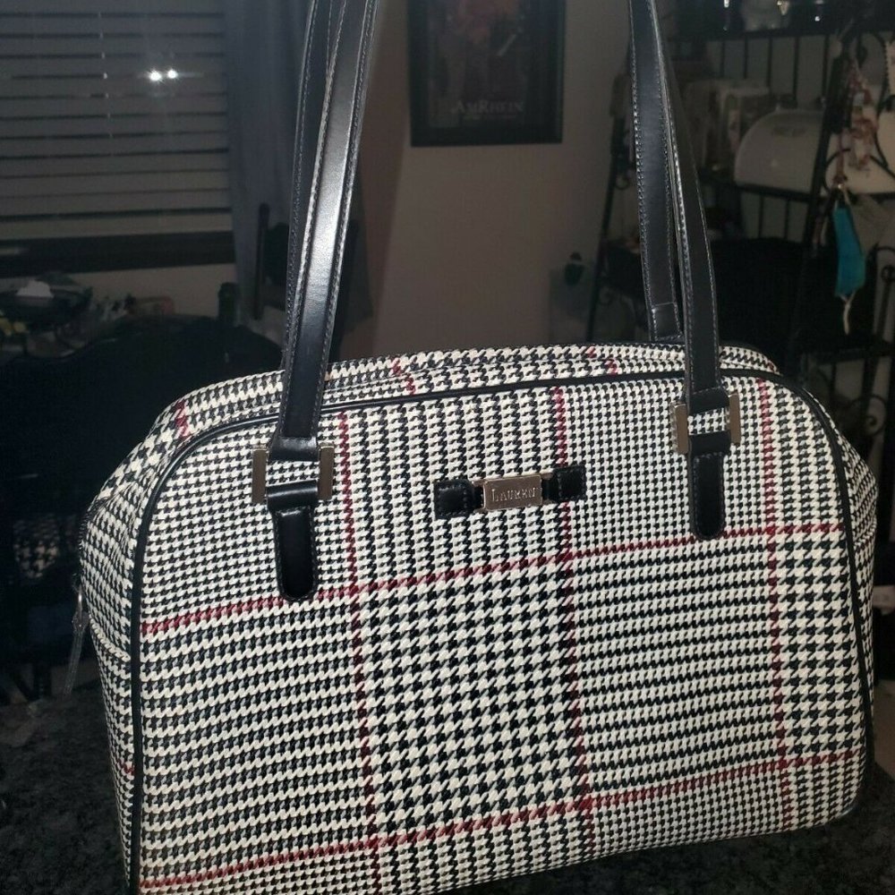 Ralph Lauren Houndstooth Pattern Shoulder Strap Purse Handbag Black/Red/White